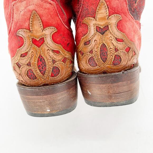 Lucchese Red Suede Hand Tooled Filigree Wingtip Square Toe Western Boot size 7.5 - Picture 9 of 12